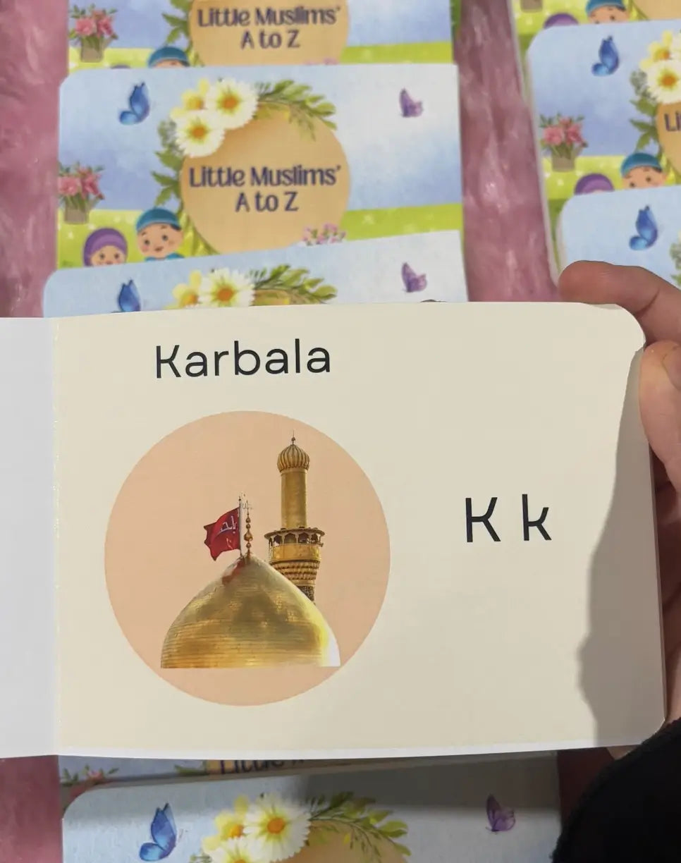 Card with 'Karbala' and 'K' on a pink background