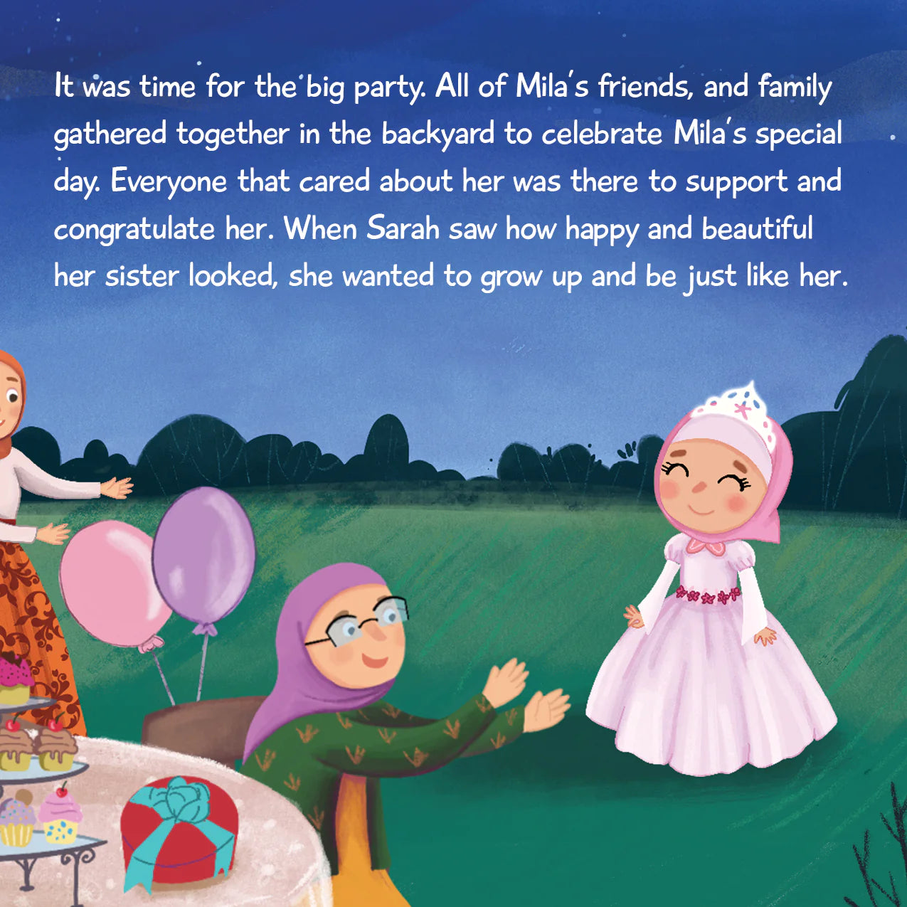 Cover of the children's book 'Mila Wears the Hijab' with an illustration of a young girl sitting outdoors wearing a pink shirt and a Hijab, with decorative lights in the background. Inside pages