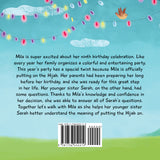 Back Cover of the children's book 'Mila Wears the Hijab' with an illustration of fairy lights.