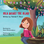 Cover of the children's book 'Mila Wears the Hijab' with an illustration of a young girl sitting outdoors wearing a pink shirt and a Hijab, with decorative lights in the background. Book for Shia Kids Children Girls