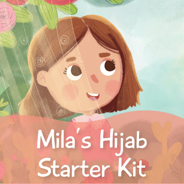 A cover image of a children's storybook titled 'Mila's Hijab Starter Kit' featuring a young girl with a rainbow-coloured hijab design.