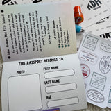 Children's Ziyarah passport with stamps and crayons on a textured surface