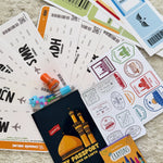 Collection of Ziyara-themed items including a passport book, stamps, and tickets on a textured surface.