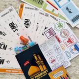 Collection of Ziyara-themed items including a passport book, stamps, and tickets on a textured surface.