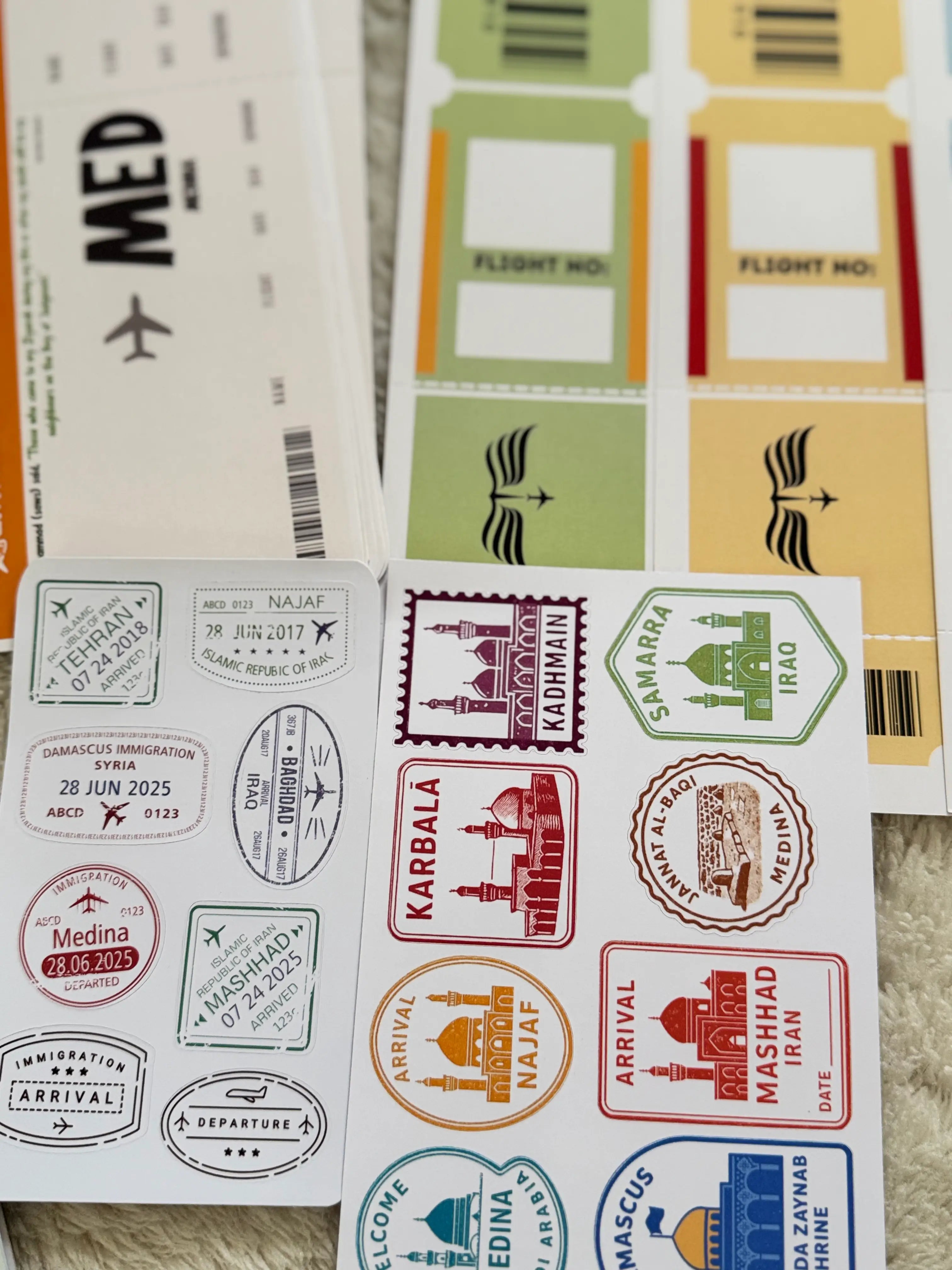 Collection of Ziyarah-themed stickers with various designs on a textured surface.