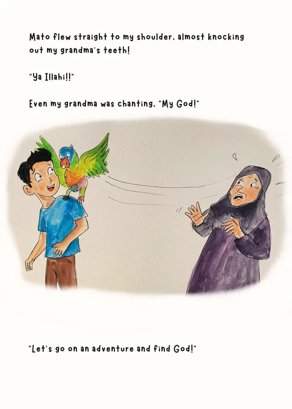 Cartoon illustration of a boy with a parrot and a woman reacting to him, with text above them.
