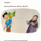 Cartoon illustration of a boy with a parrot and a woman reacting to him, with text above them.