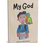Book titled 'My God' with a illustration of a boy and a parrot on the cover