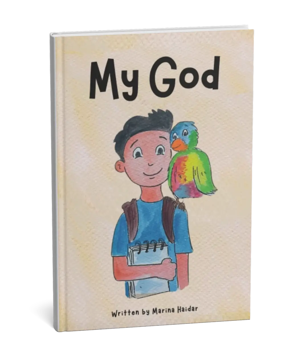 Book titled 'My God' with a illustration of a boy and a parrot on the cover