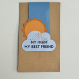 A collection of colorful magnetic bookmarks with the text 'My Imam My Best Friend' and a sun behind a cloud design. Perfect Islamic gift for Children Kids