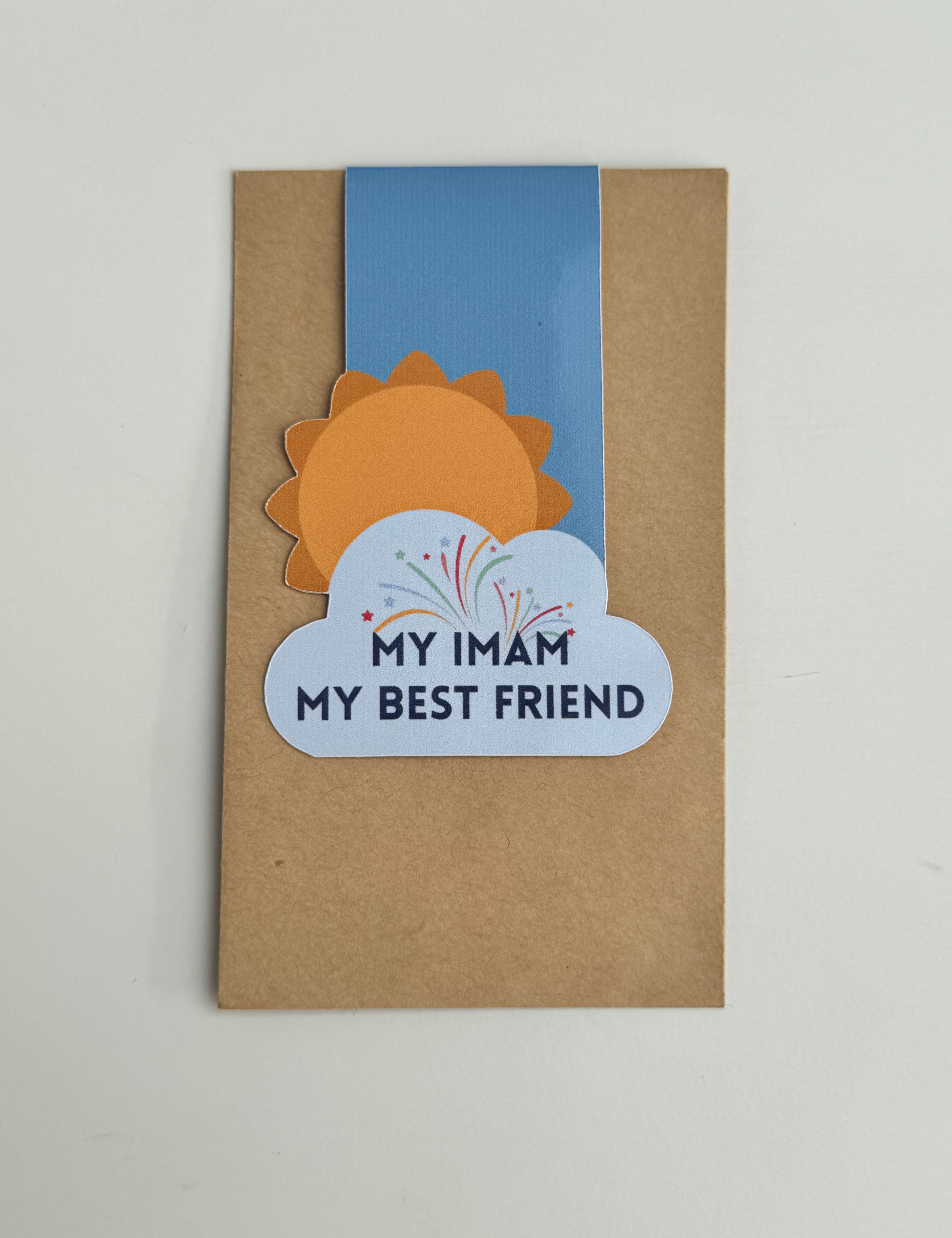A collection of colorful magnetic bookmarks with the text 'My Imam My Best Friend' and a sun behind a cloud design. Perfect Islamic gift for Children Kids