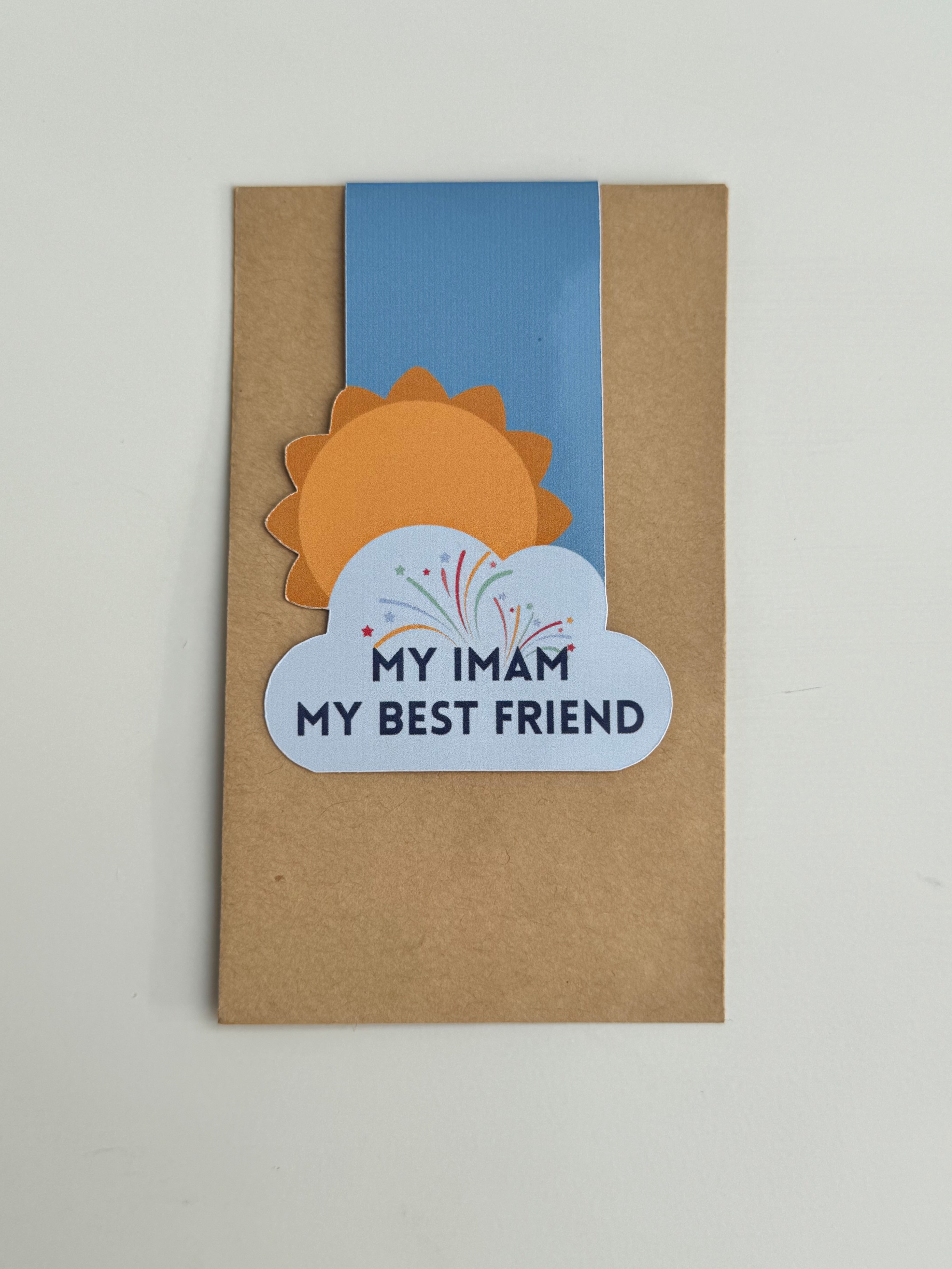 A collection of colorful magnetic bookmarks with the text 'My Imam My Best Friend' and a sun behind a cloud design. Perfect Islamic gift for Children Kids