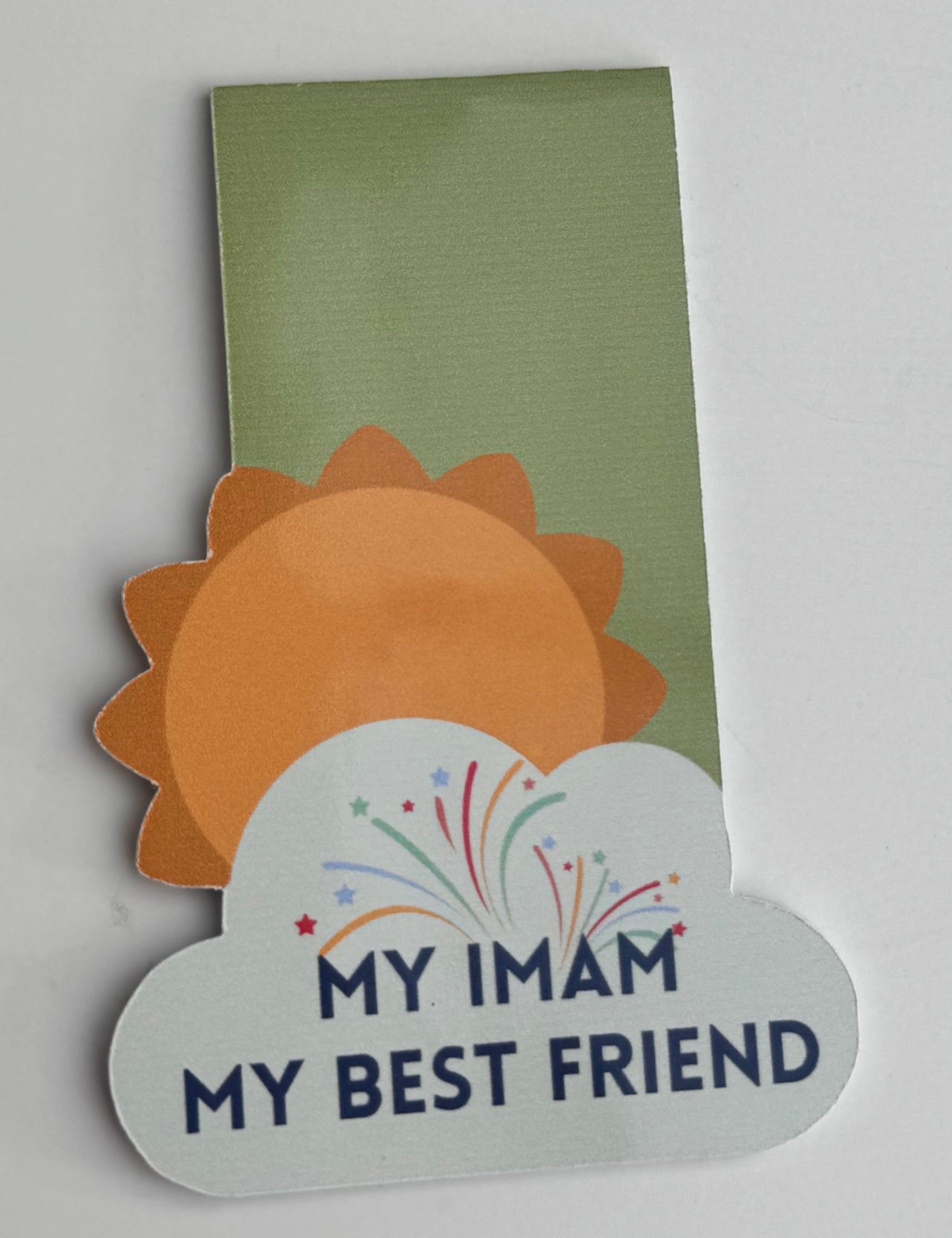 A collection of colorful magnetic bookmarks with the text 'My Imam My Best Friend' and a sun behind a cloud design.
