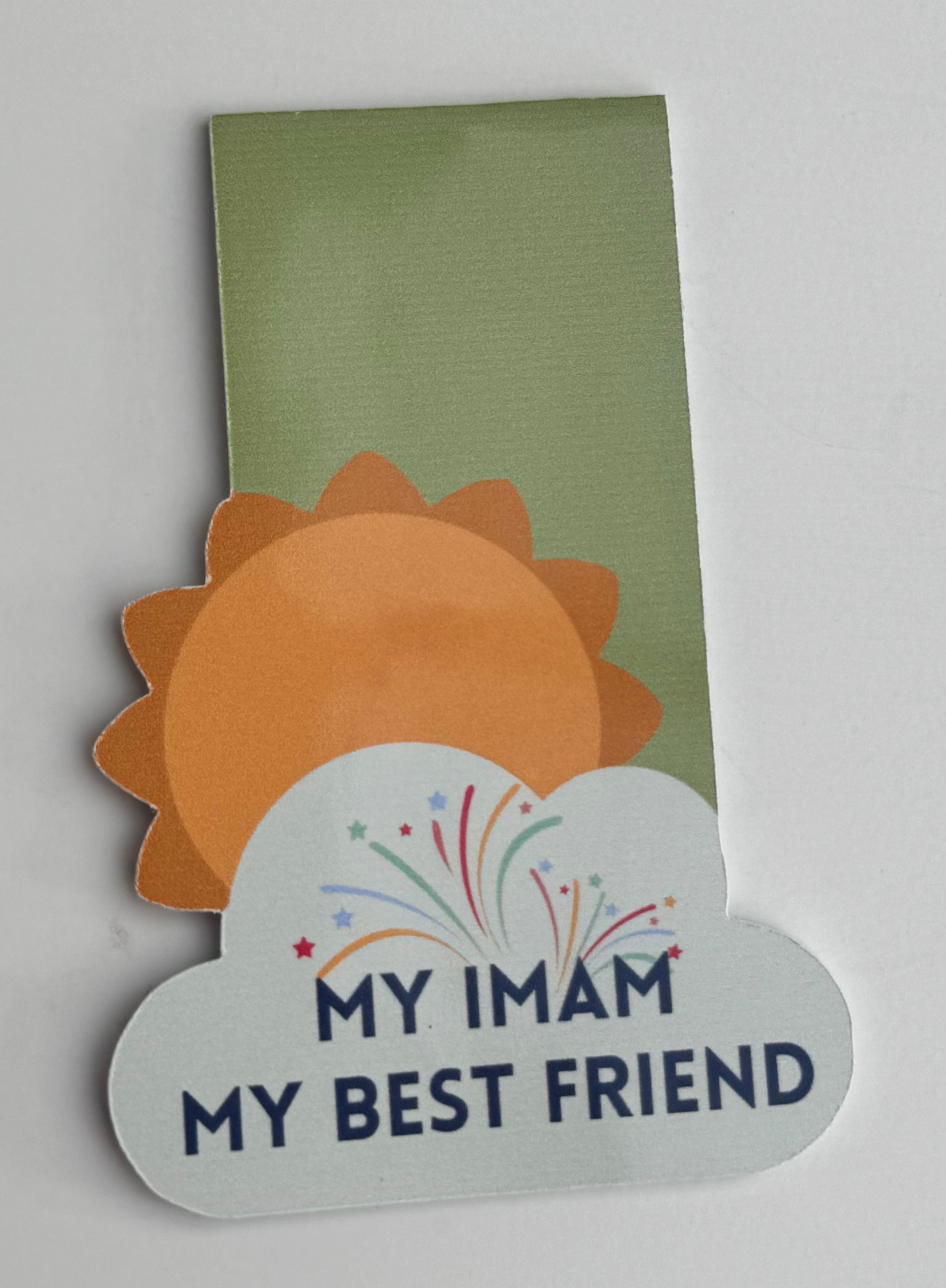A collection of colorful magnetic bookmarks with the text 'My Imam My Best Friend' and a sun behind a cloud design.