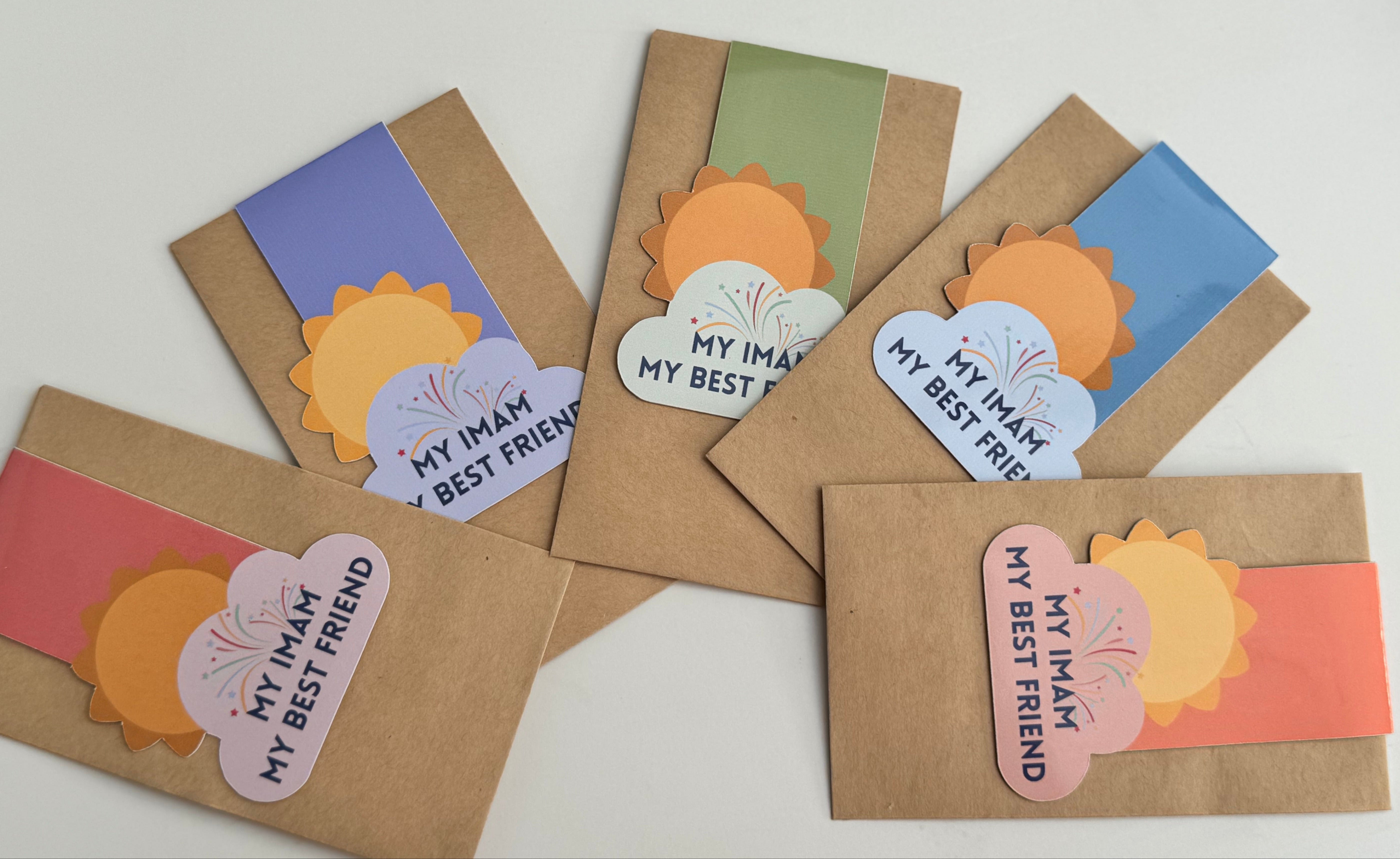 A collection of colorful magnetic bookmarks with the text 'My Imam My Best Friend' and a sun behind a cloud design.