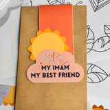 A collection of colorful magnetic bookmarks with the text 'My Imam My Best Friend' and a sun behind a cloud design.