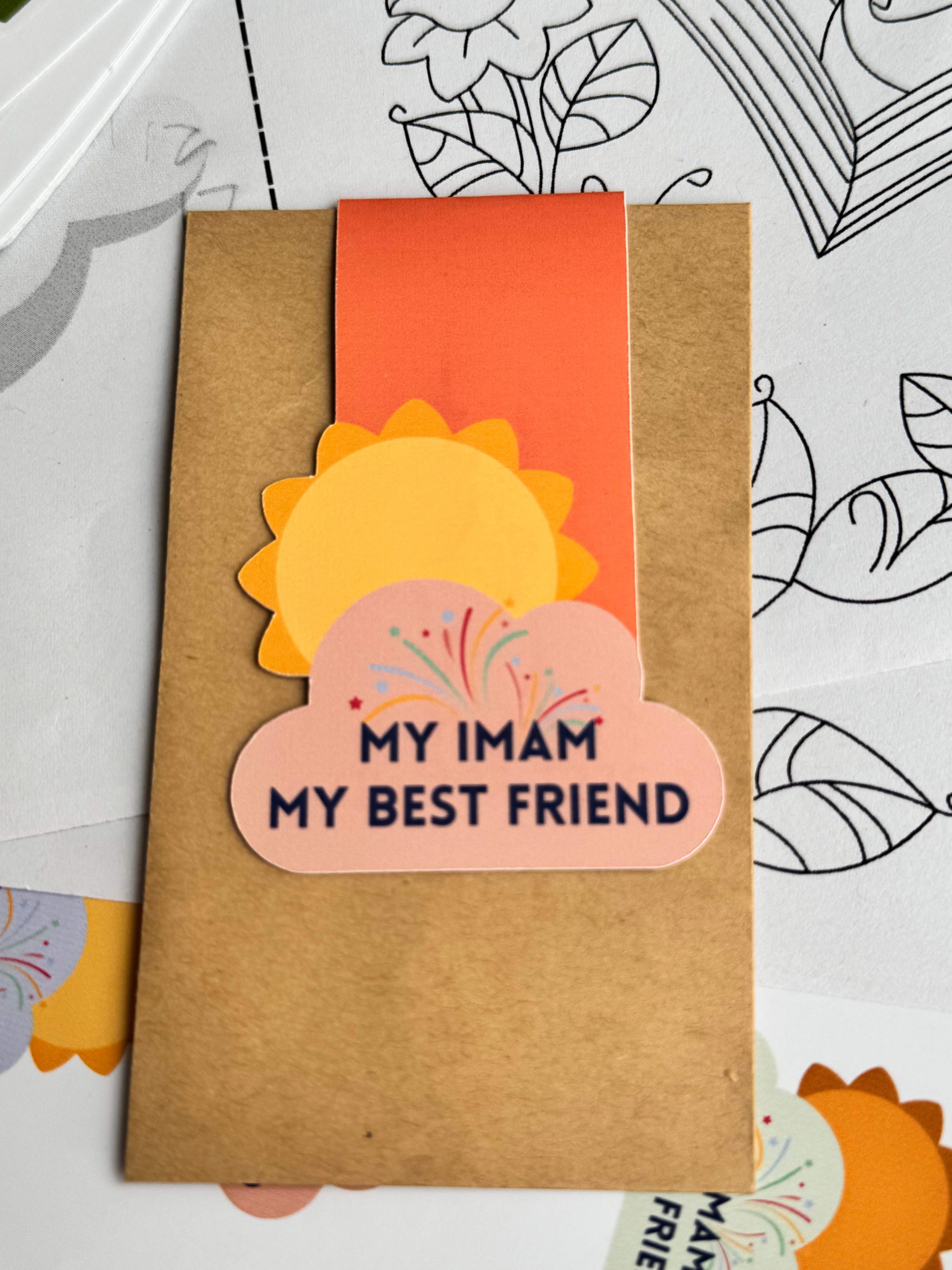 A collection of colorful magnetic bookmarks with the text 'My Imam My Best Friend' and a sun behind a cloud design.
