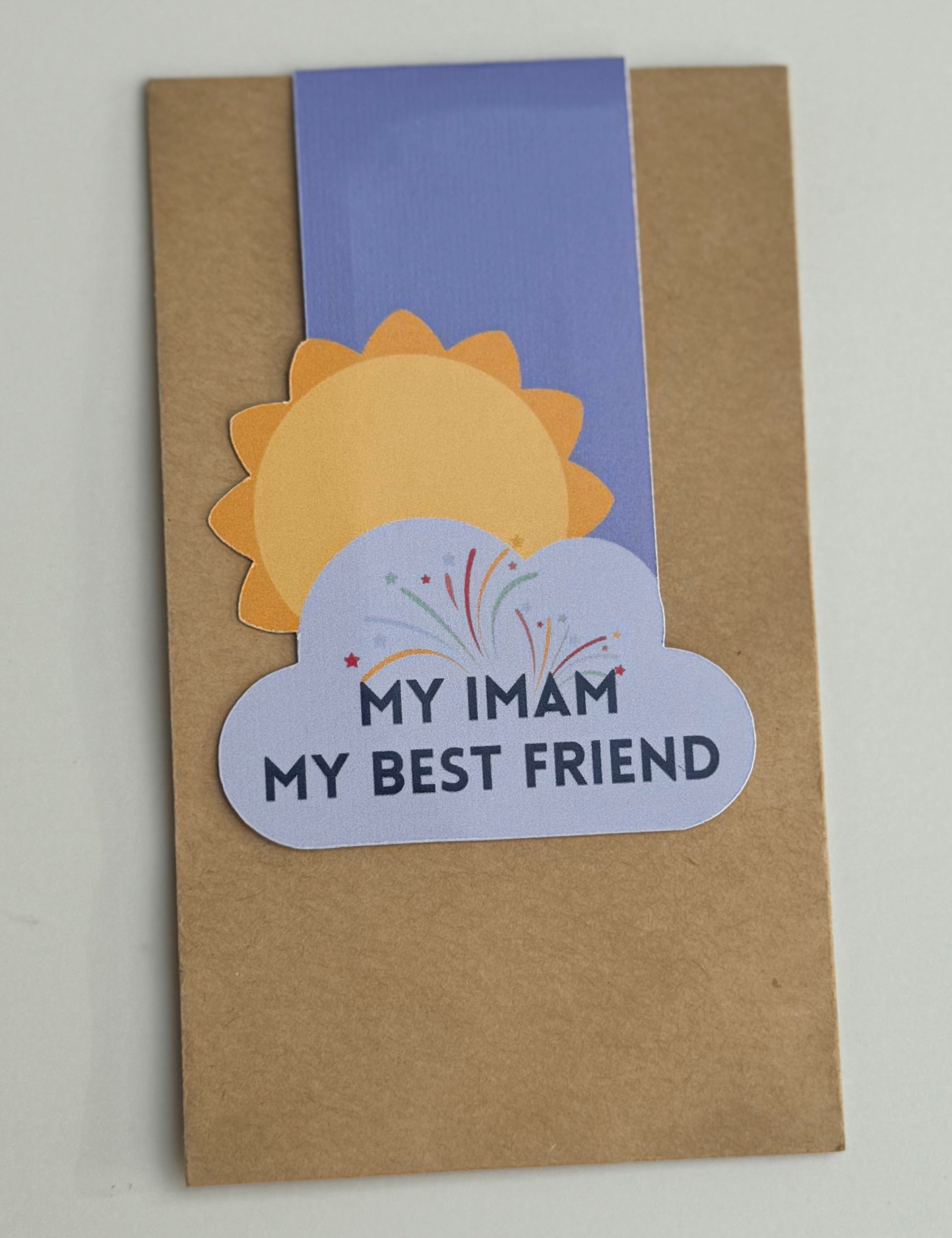 A collection of colorful magnetic bookmarks with the text 'My Imam My Best Friend' and a sun behind a cloud design.