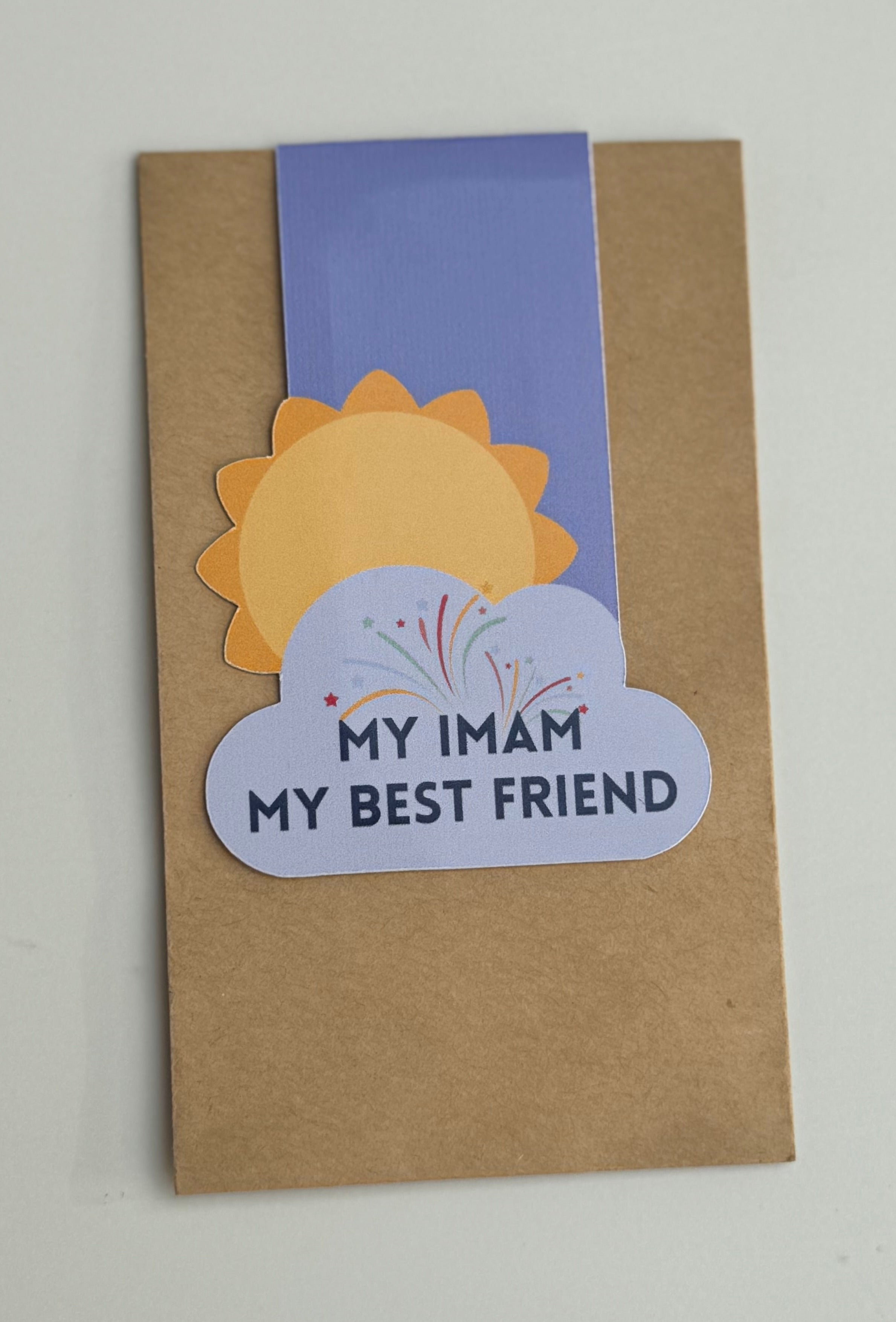 A collection of colorful magnetic bookmarks with the text 'My Imam My Best Friend' and a sun behind a cloud design.