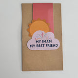 A collection of colorful magnetic bookmarks with the text 'My Imam My Best Friend' and a sun behind a cloud design.