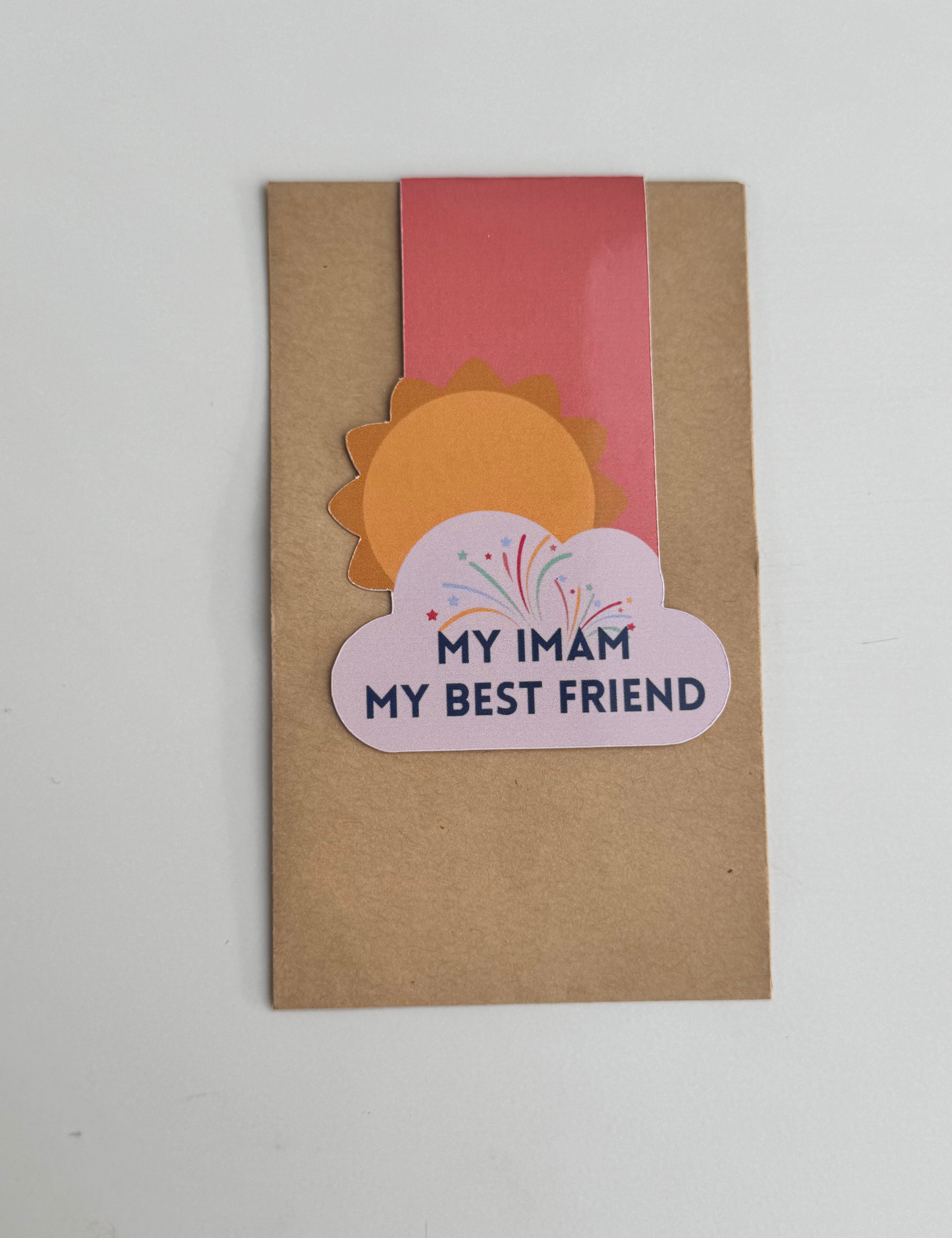 A collection of colorful magnetic bookmarks with the text 'My Imam My Best Friend' and a sun behind a cloud design.