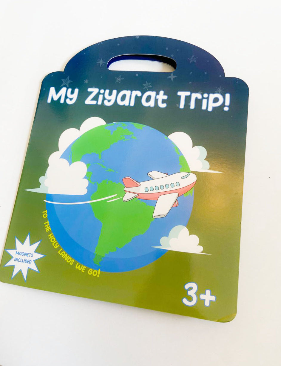 A trifold book with a magnet design featuring an illustration of an airplane and the Earth, with text 'My Ziyarat Trip!' and a label indicating it is suitable for ages 3+.