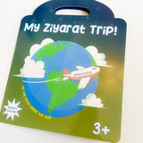 A trifold book with a magnet design featuring an illustration of an airplane and the Earth, with text 'My Ziyarat Trip!' and a label indicating it is suitable for ages 3+.