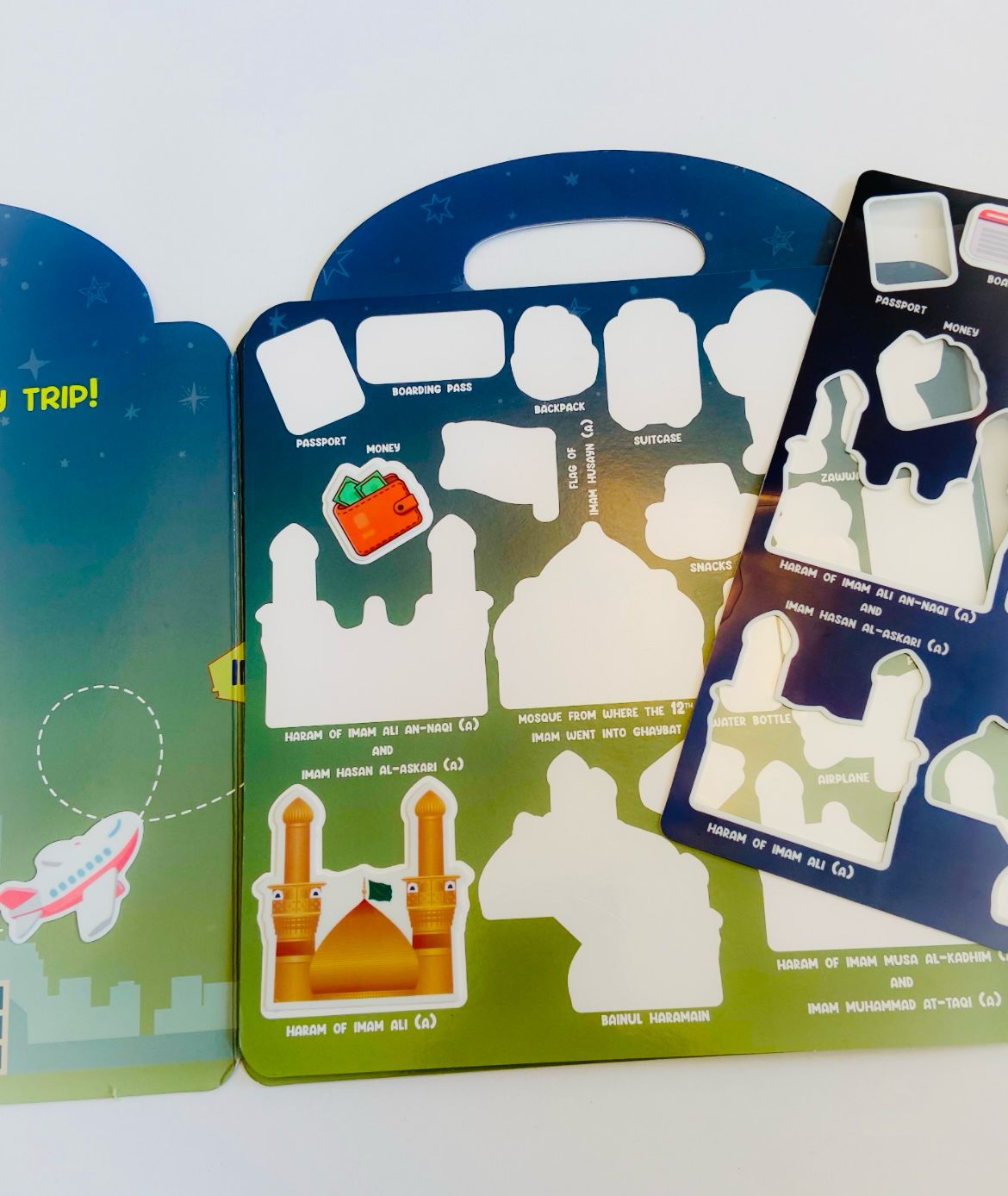 'My Ziyarat Trip!' magnetic book for Shia Kids Children show magnets can be stuck on the book.