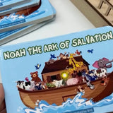 Children's book titled 'Noah the Ark of Salvation' with a wooden ark model on a white surface.