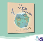 Cover of the book 'Our World is Amazing' featuring an illustration of the Earth with a bird flying, and text on a light background.