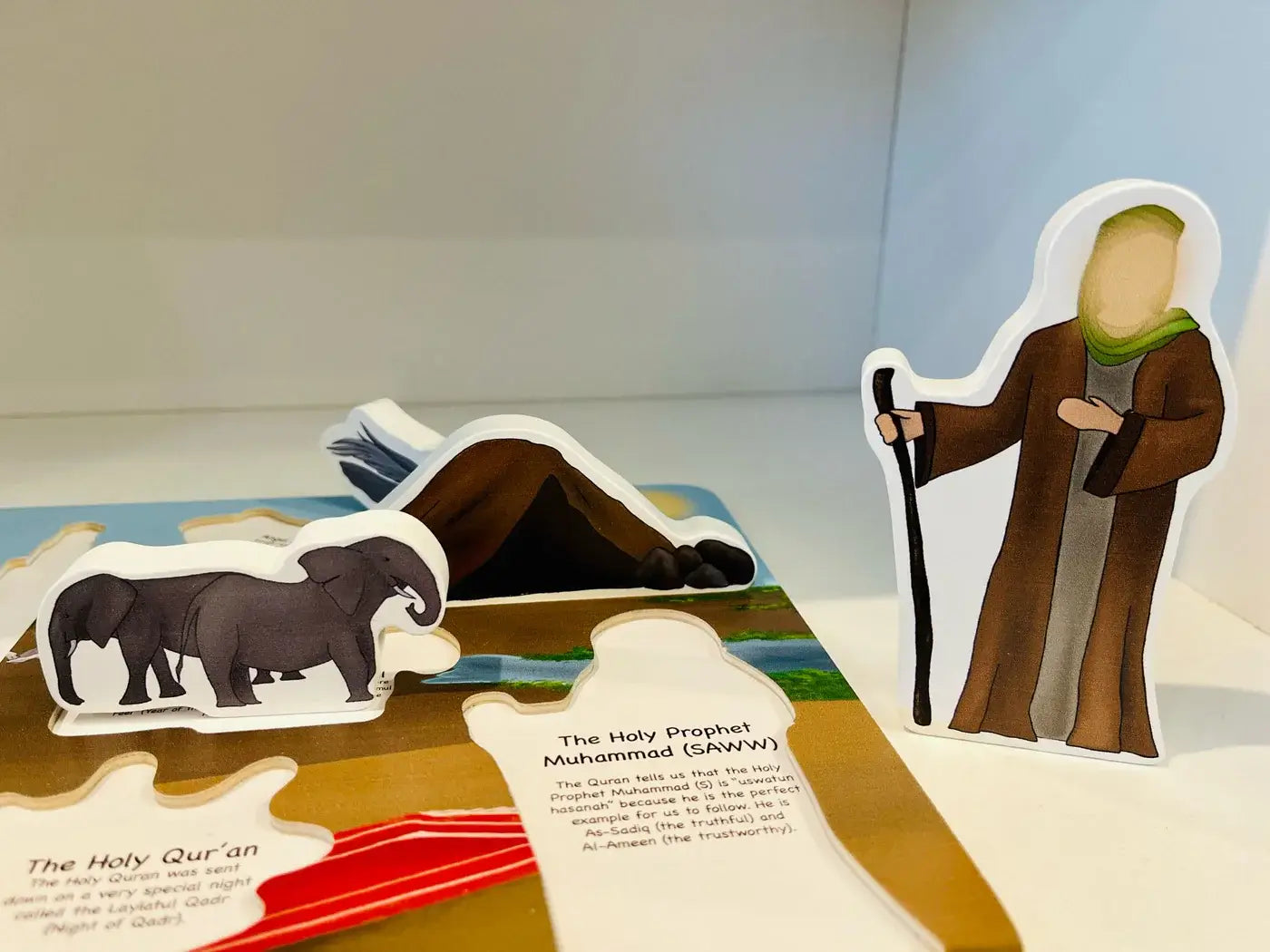 Educational puzzle with Prophet Muhammad and text on a white surface for toddlers and kids