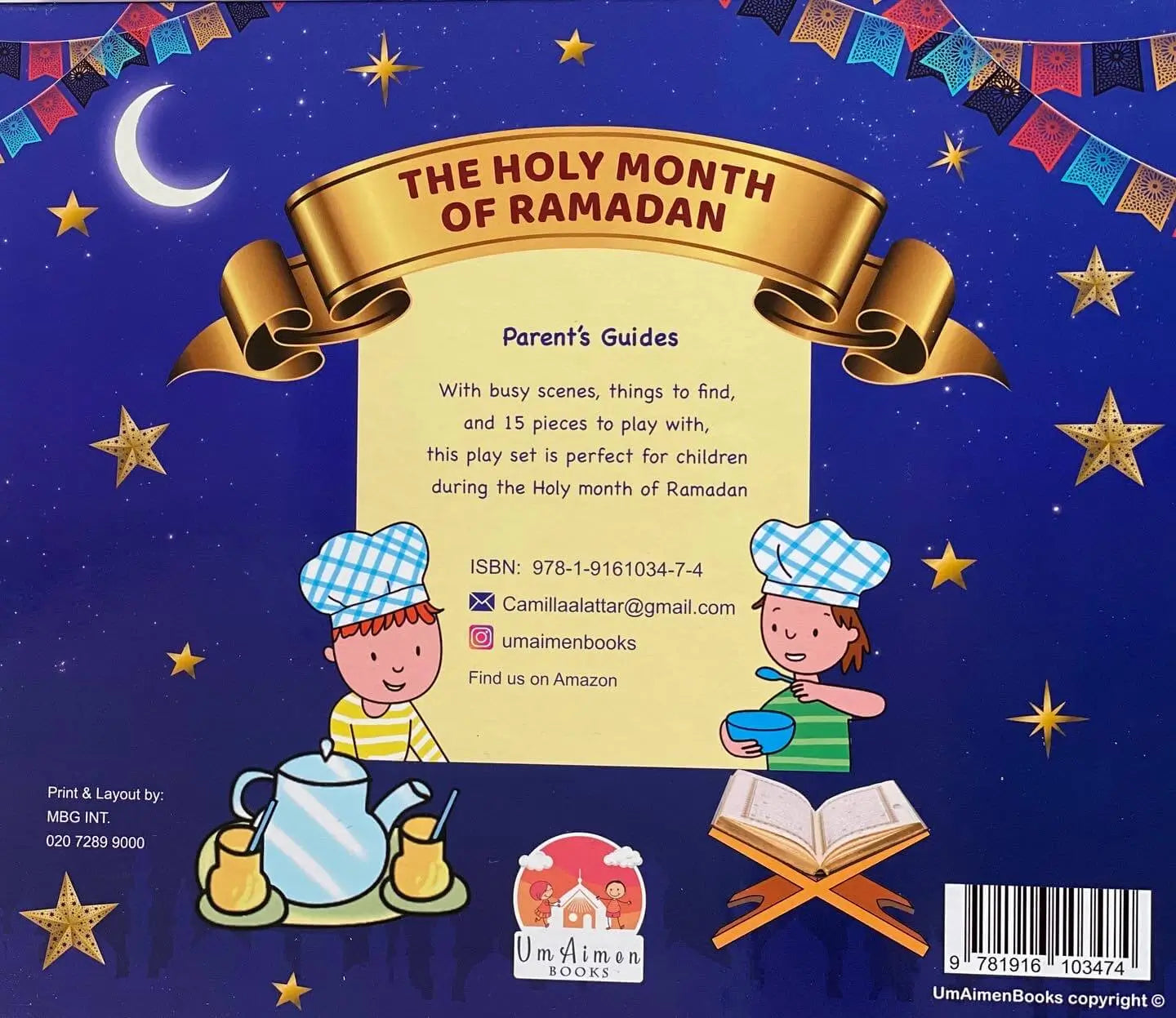 Back cover of a book titled 'The Holy Month of Ramadan' with illustrations and text.