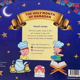 Back cover of a book titled 'The Holy Month of Ramadan' with illustrations and text.