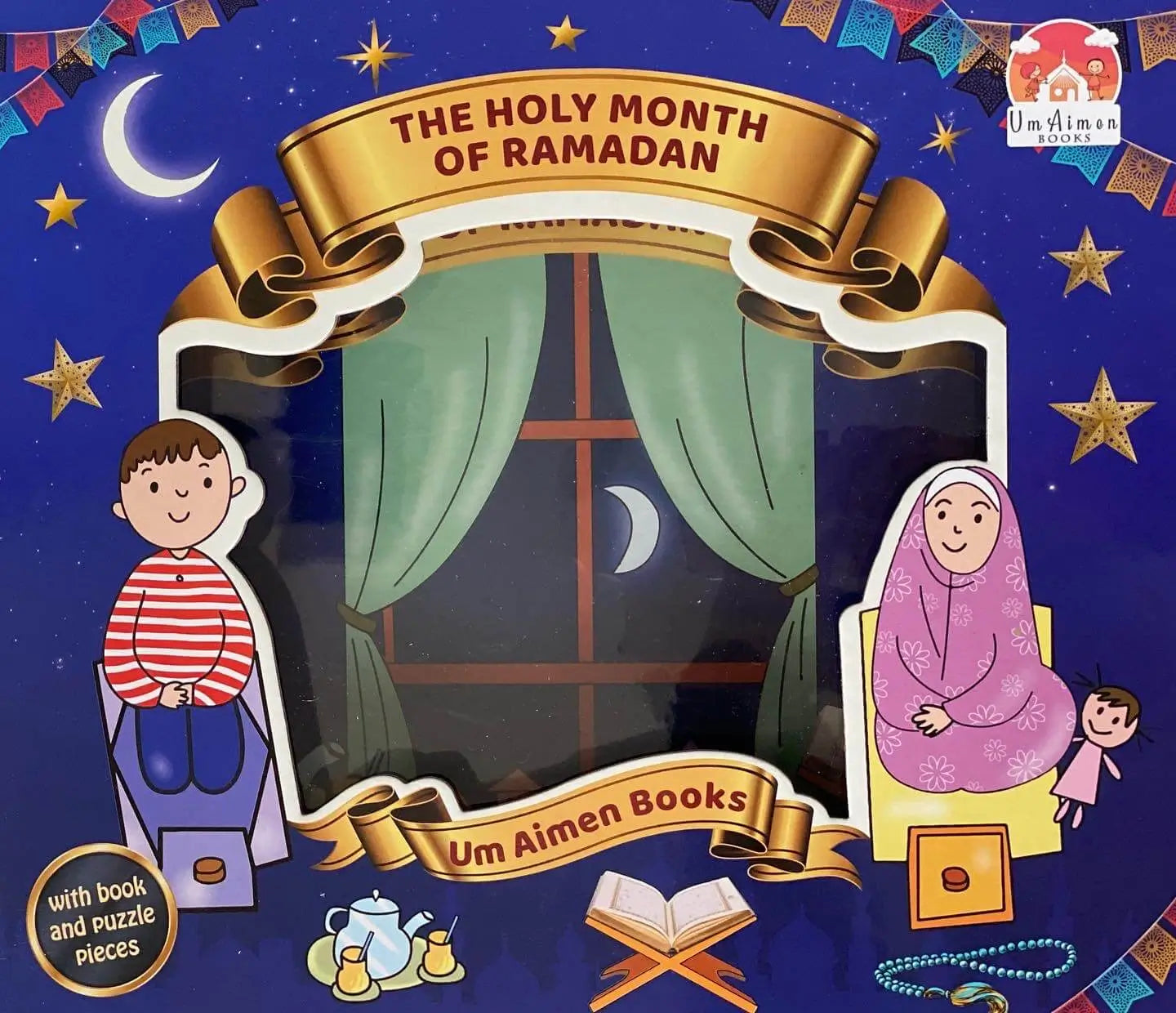 Book cover for 'The Holy Month of Ramadan' by Um Aimen Books with illustrations of a boy and girl looking out a window.