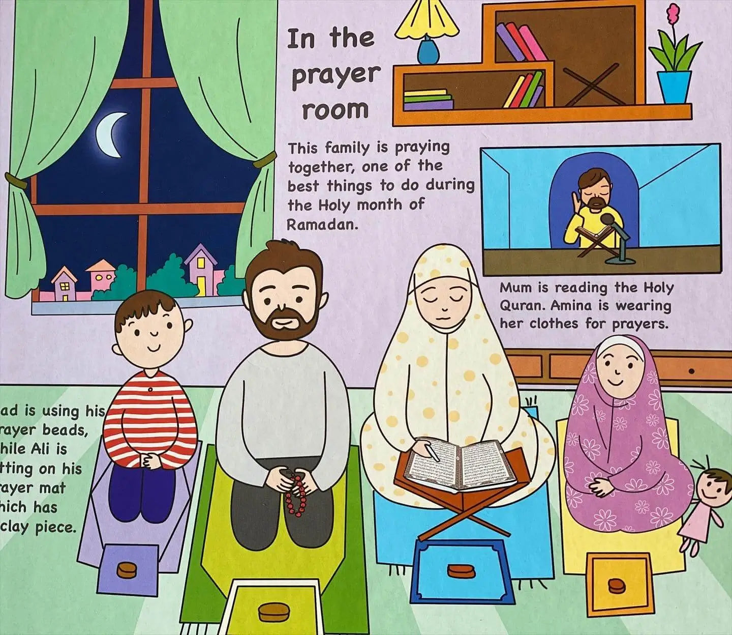 Illustration of a family praying together in a colorful room with text about Ramadan.