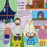 Illustration of a family praying together in a colorful room with text about Ramadan.