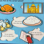 Educational puzzle with images of a roasted chicken, rice, tea set, and a child's drawing on a blue background.