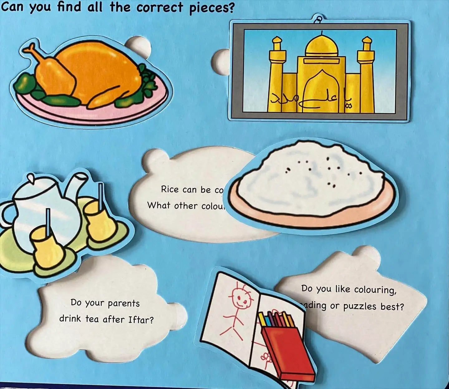 Educational puzzle with images of a roasted chicken, rice, tea set, and a child's drawing on a blue background.