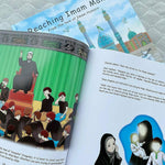 Inside of book featuring illustrations of reciter reciting from Minbar and a woman crying remembering the sacrifice of baby Ali Asghar the son of Imam Husayn