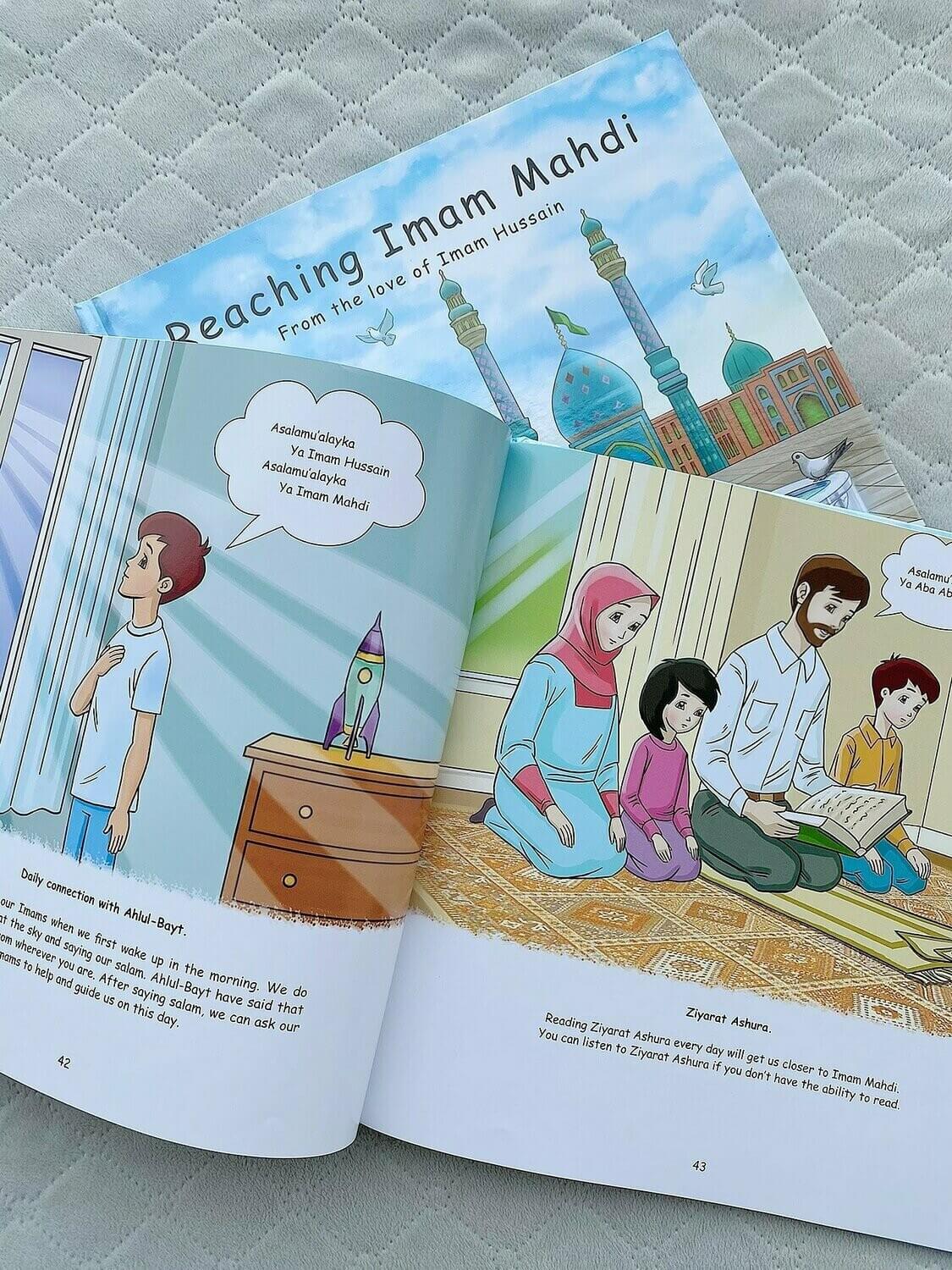 Inside of book featuring illustrations of family remembering Imam Husayn