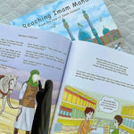 Inside of book featuring illustrations of a scene from Maqtal of Imam Husayn and 2 boys discussing in a store