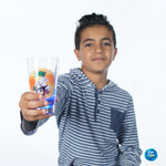 A child holding a cup with LED lights and a graphic design, featuring a character in blue color.