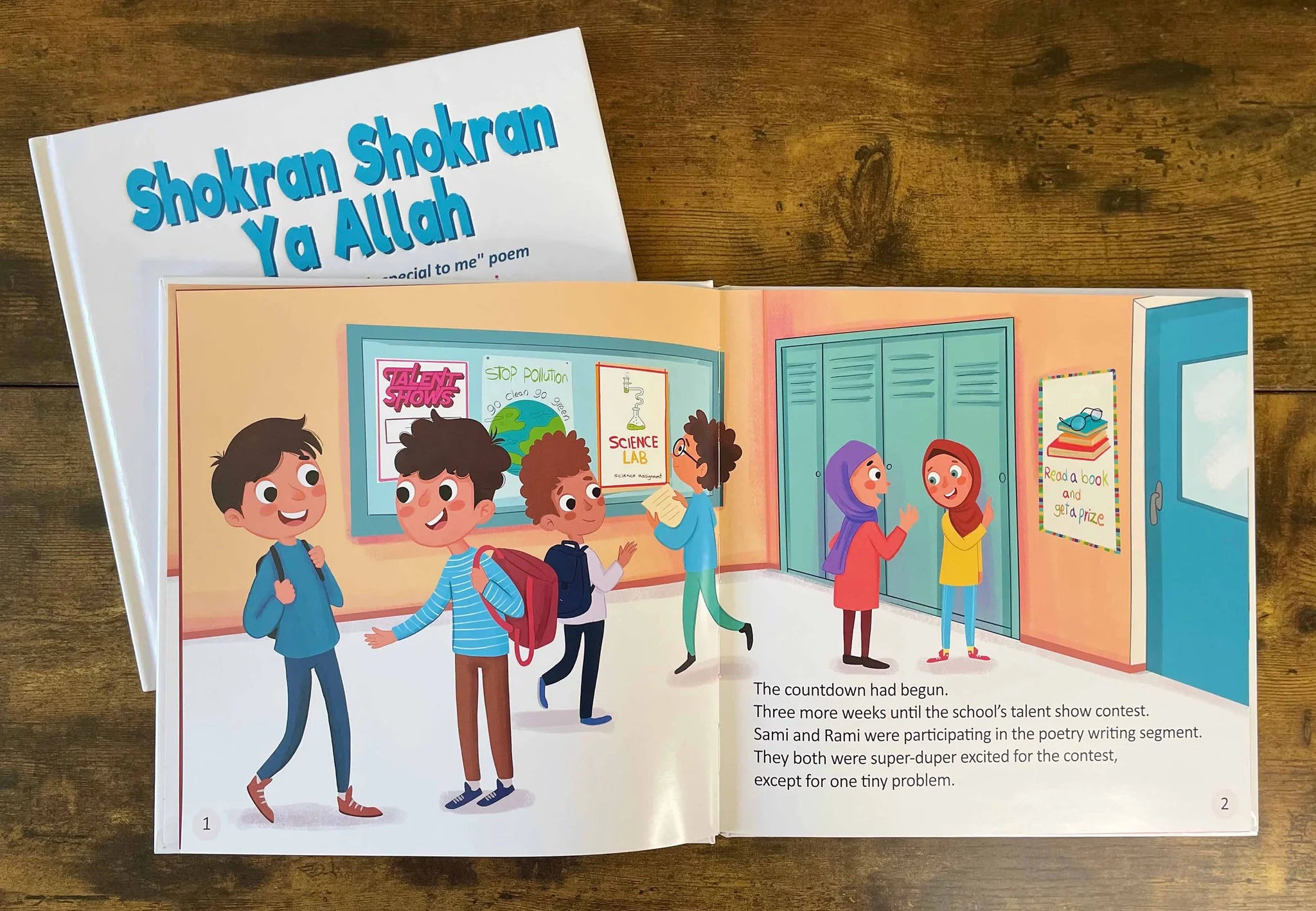 Inside Book page for 'Shokran Shokran Ya Allah' featuring illustrations of two children smiling and looking at the viewer, with text including the book's title and author's name.