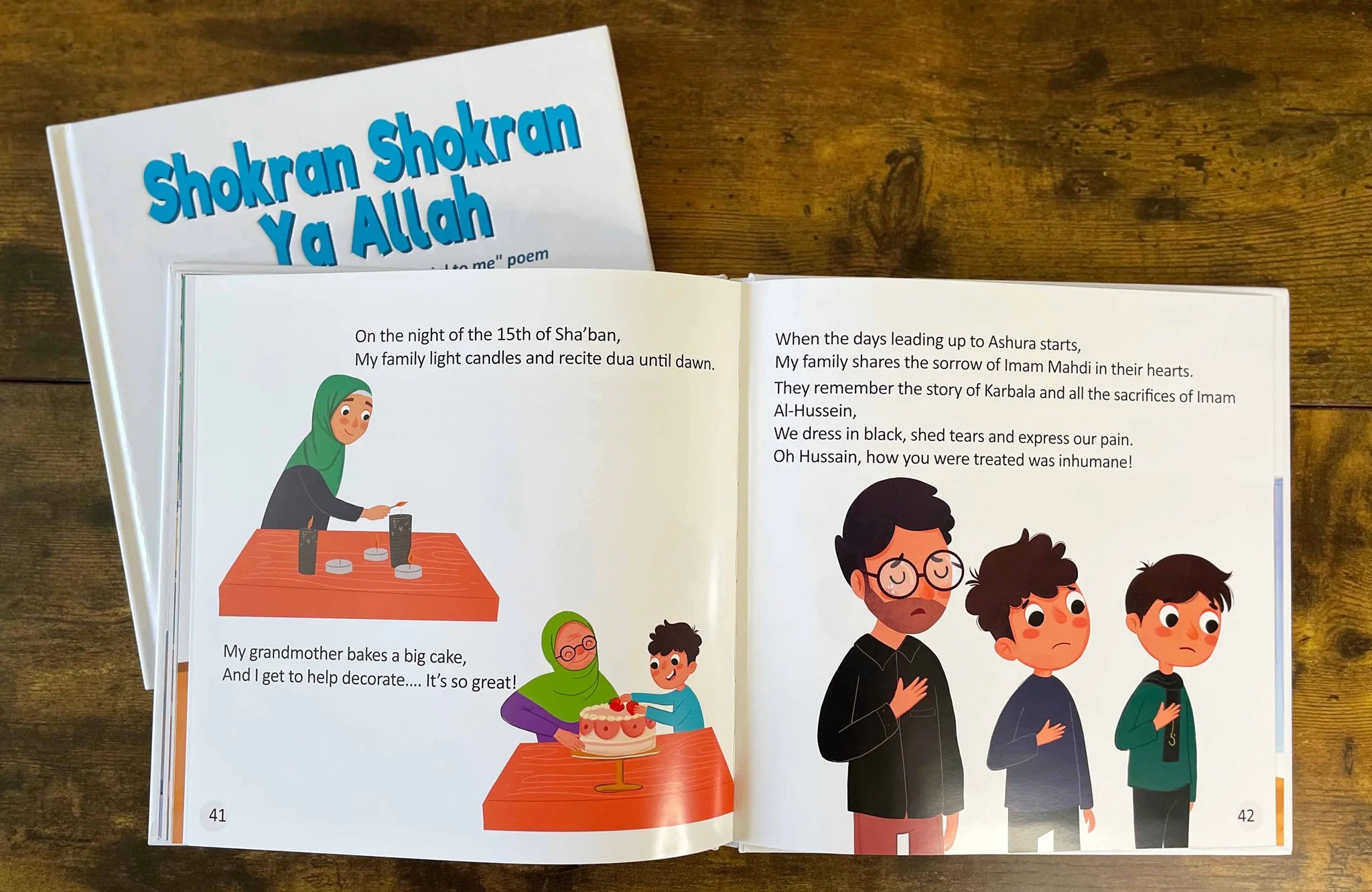 Book cover for 'Shokran Shokran Ya Allah' featuring illustrations of two children sad and solemn discussing Ashura