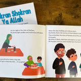 Book cover for 'Shokran Shokran Ya Allah' featuring illustrations of two children sad and solemn discussing Ashura