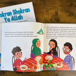 Book cover for 'Shokran Shokran Ya Allah' featuring illustrations of two children smiling and looking at the viewer, with text including the book's title and author's name.