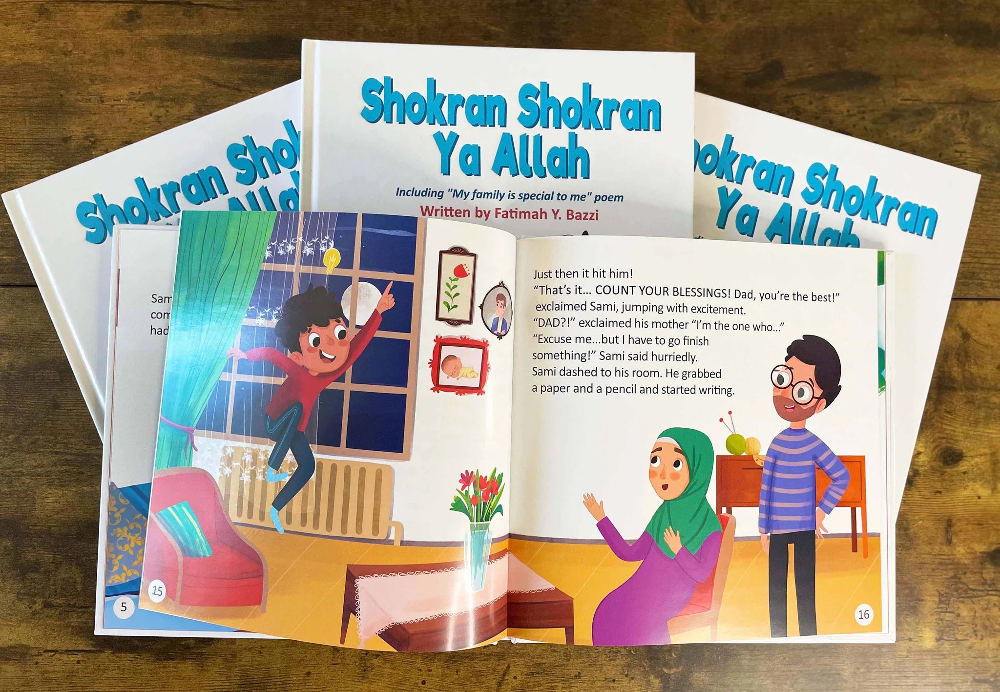 Book cover for 'Shokran Shokran Ya Allah' featuring illustrations of two children smiling and looking at the viewer, with text including the book's title and author's name.