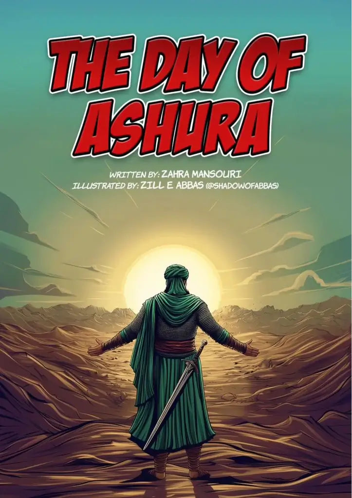 Cover of the graphic novel 'The Day of Ashura' featuring a stylized illustration of a person with a sword in a dramatic landscape.