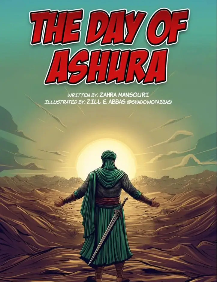 Cover of the graphic novel 'The Day of Ashura' featuring a stylized illustration of a person with a sword in a dramatic landscape.