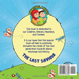 Colorful illustration of children with religious attire in a garden setting, with a backdrop of clouds and a sun motif, indicative of a children's book titled 'The Last Saviour The Sun Behind the Clouds'.